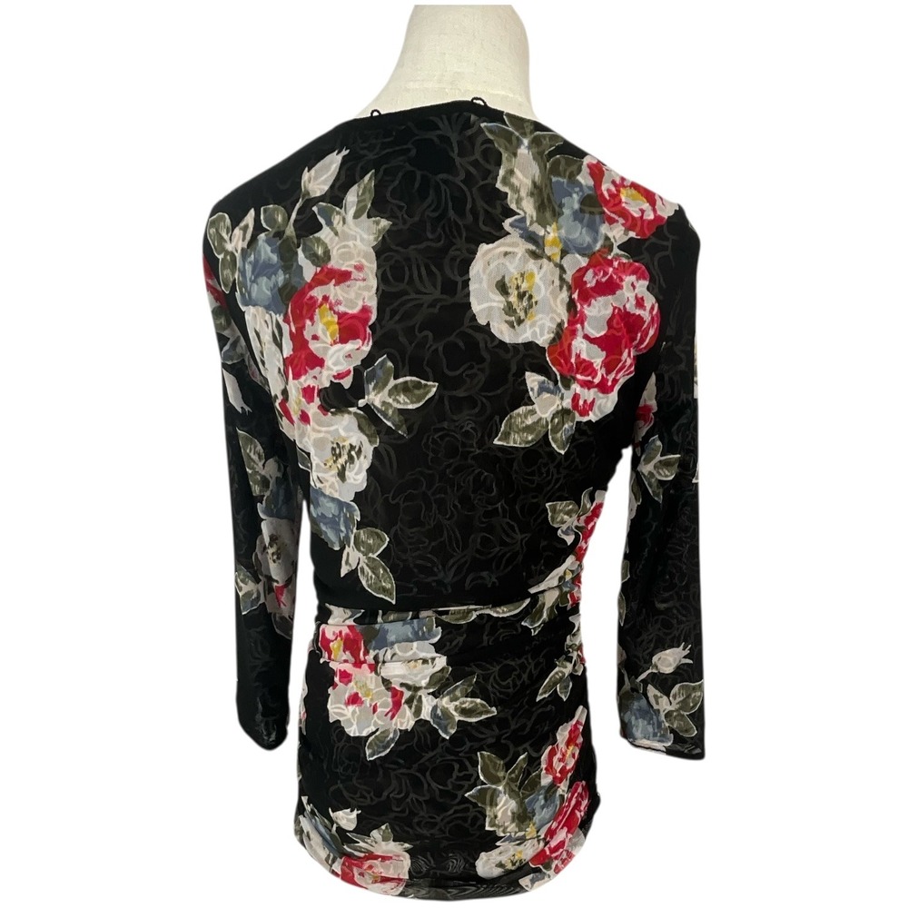 WHBM Black Floral Ruched V Neck 3/4 Sleeve Top Women's Fashion Blouse Reversible - Picture 5 of 11